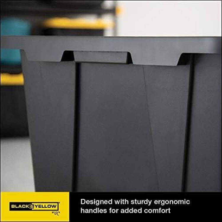 CX BLACK & YELLOW, 27-Gallon Heavy Duty Tough Storage Container & Snap-Tight Lid, (14.3”H x 20.6”W x 30.6”D), Weather-Resistant Design and Stackable Organization Tote [4 Pack]