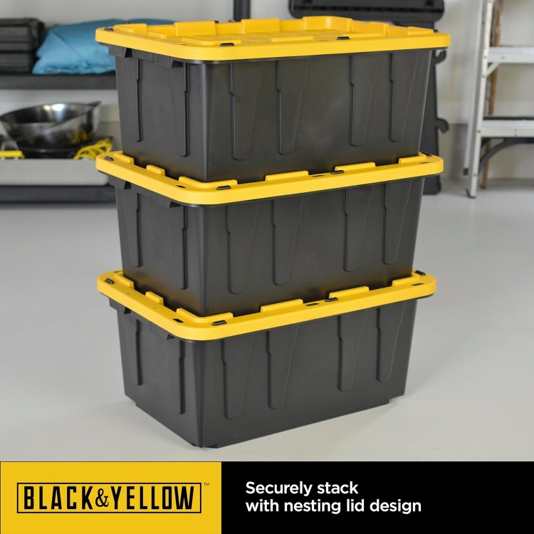 CX BLACK & YELLOW, 27-Gallon Heavy Duty Tough Storage Container & Snap-Tight Lid, (14.3”H x 20.6”W x 30.6”D), Weather-Resistant Design and Stackable Organization Tote [4 Pack]