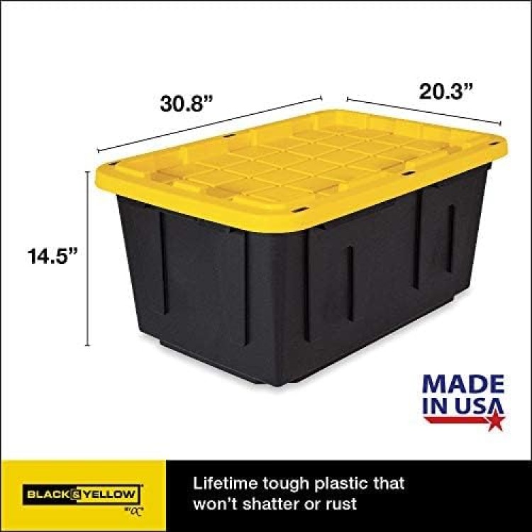 CX BLACK & YELLOW, 27-Gallon Heavy Duty Tough Storage Container & Snap-Tight Lid, (14.3”H x 20.6”W x 30.6”D), Weather-Resistant Design and Stackable Organization Tote [4 Pack]