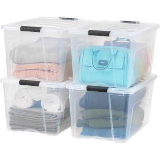 IRIS USA 72 Qt Stackable Plastic Storage Bins with Lids, 4 Pack - BPA-Free, Made in USA - See-Through Organizing Solution, Latches, Durable Nestable Containers, Secure Pull Handle - Clear