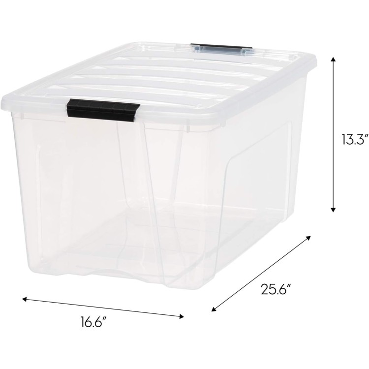 IRIS USA 72 Qt Stackable Plastic Storage Bins with Lids, 4 Pack - BPA-Free, Made in USA - See-Through Organizing Solution, Latches, Durable Nestable Containers, Secure Pull Handle - Clear