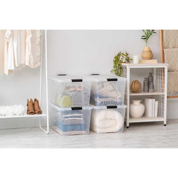 IRIS USA 72 Qt Stackable Plastic Storage Bins with Lids, 4 Pack - BPA-Free, Made in USA - See-Through Organizing Solution, Latches, Durable Nestable Containers, Secure Pull Handle - Clear