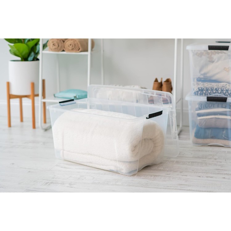 IRIS USA 72 Qt Stackable Plastic Storage Bins with Lids, 4 Pack - BPA-Free, Made in USA - See-Through Organizing Solution, Latches, Durable Nestable Containers, Secure Pull Handle - Clear