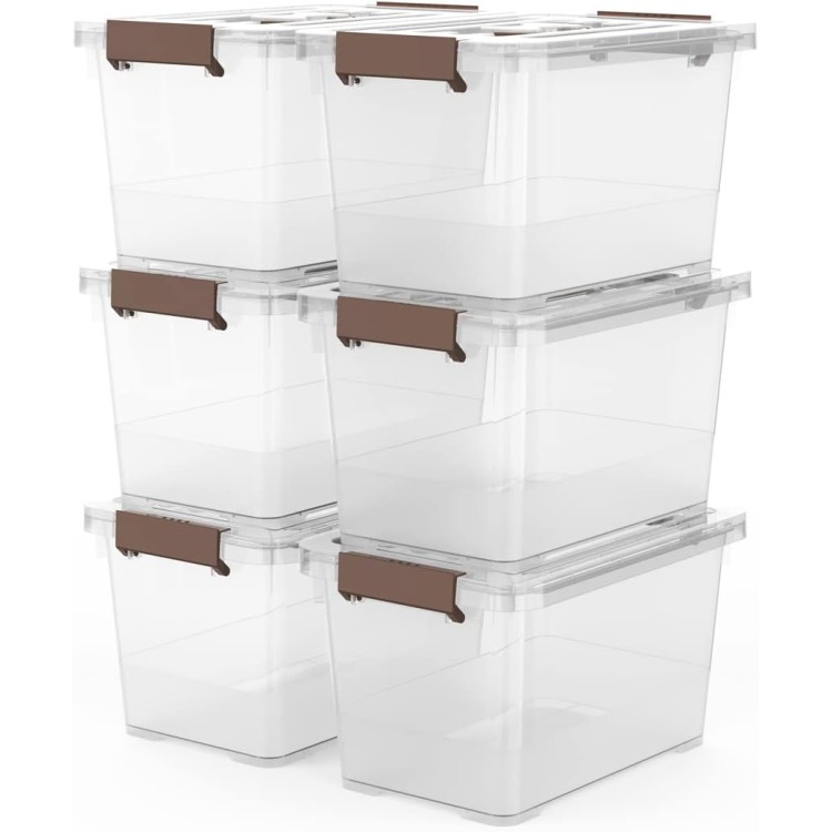 WYT 6-Pack Clear 7 Quart Storage Latch Box/Bins, Plastic Stackable Latching Box with Brown Handle and Lid, Multi-Purpose, 7 Litre