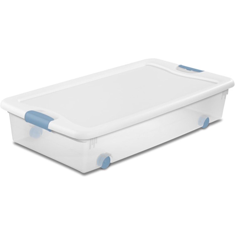 Sterilite 56 Qt Wheeled Latching Storage Box Stackable Bin with Latch Lid, Plastic Container to Organize Shoes Under Bed, Clear with White Lid, 4-Pack