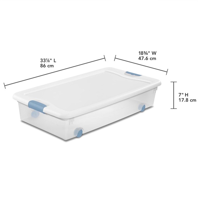 Sterilite 56 Qt Wheeled Latching Storage Box Stackable Bin with Latch Lid, Plastic Container to Organize Shoes Under Bed, Clear with White Lid, 4-Pack