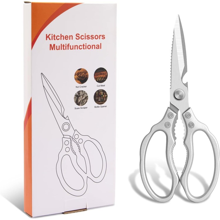 CGBE Kitchen Scissors, Multi-Purpose Kitchen Shears, Heavy Duty Dishwasher Safe Food Scissors, Non Slip Stainless Steel Sharp Cooking Scissors for Kitchen, Chicken, Poultry, Fish, Meat, Herbs-Sliver