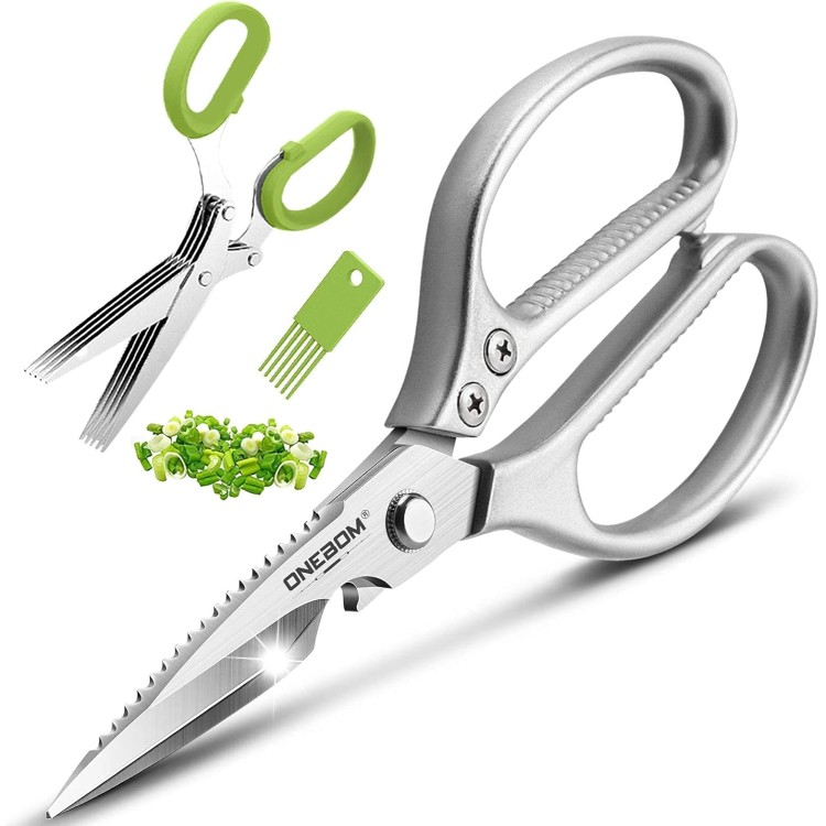 ONEBOM Kitchen Shears 2 Pack,Multi-Function Kitchen Scissors Heavy Duty Sharp 304 Stainless Steel, Apartment Kitchen Accessories Cooking Shears for Chicken,Meat,Fish,Poultry(Sliver)