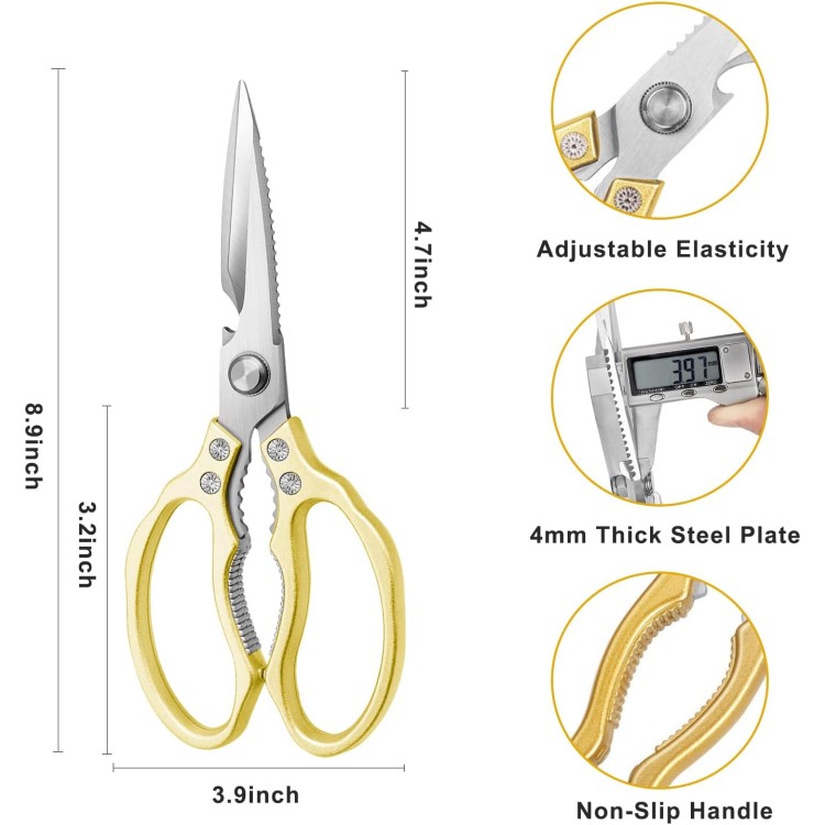 Kitchen Scissors, Heavy Duty Sharp Kitchen Shears Dishwasher Safe,Gold Kitchen Accessories Cooking Shears for Kitchen Meat Chicken Fish Poultry Herb Bread (Gold)