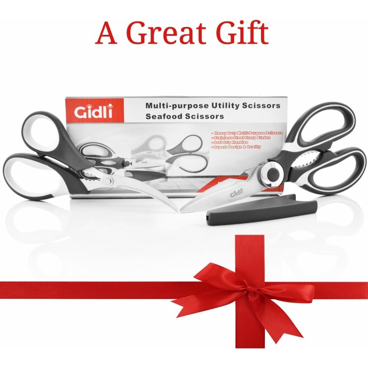 Kitchen Shears by Gidli - Lifetime Replacement Warranty- Includes Seafood Scissors As a Bonus - Heavy Duty Utility Stainless Steel All Purpose Ultra Sharp Scissors for Food