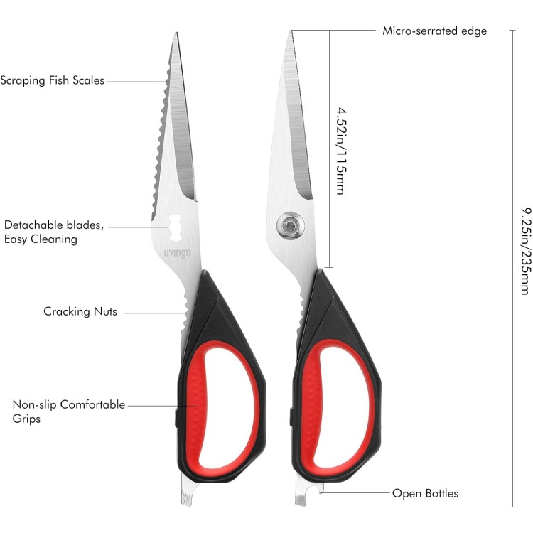 LIVINGO Kitchen Scissors, 2 Pack 9.25 Utility All Purpose Poultry Shears Heavy Duty Dishwasher Safe, Come Apart Sharp Stainless Steel Cooking Food Scissors for Cutting Meat, Chicken, Vegetable, Fish