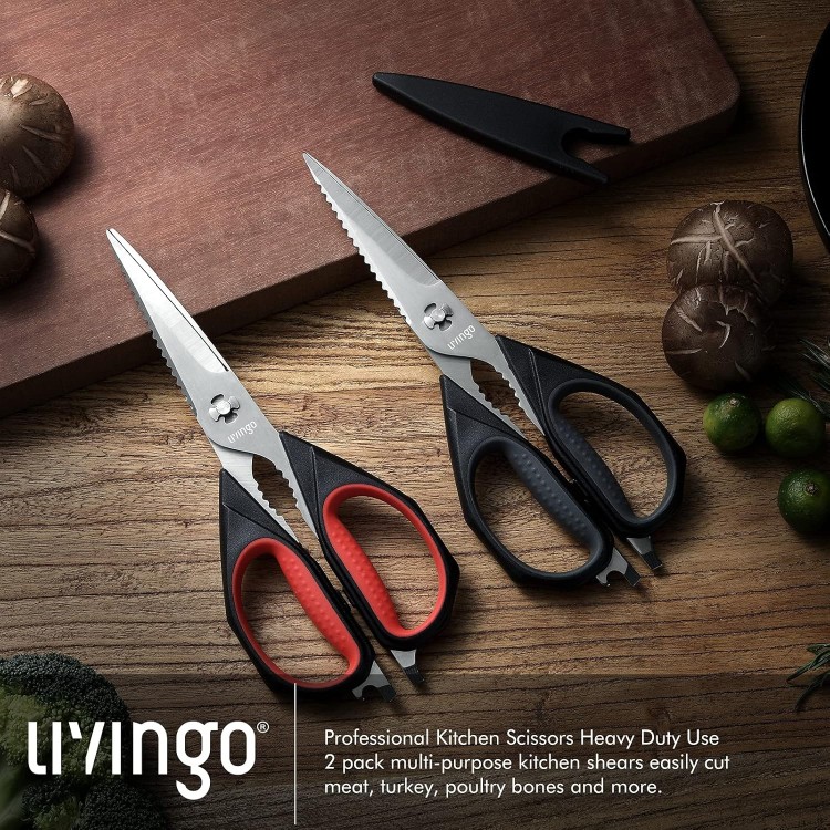 LIVINGO Kitchen Scissors, 2 Pack 9.25 Utility All Purpose Poultry Shears Heavy Duty Dishwasher Safe, Come Apart Sharp Stainless Steel Cooking Food Scissors for Cutting Meat, Chicken, Vegetable, Fish