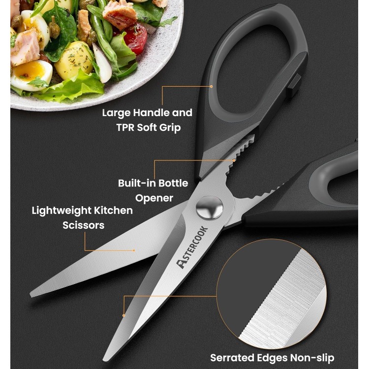 Astercook Kitchen Shears, Kitchen Scissors Heavy Duty Serrated Blade, PP+TPR Handle Shears, Ideal for Poultry, Herbs, Vegetables, Durable and Ergonomic Design (Black Grey)