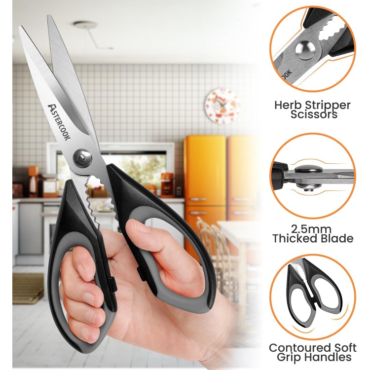 Astercook Kitchen Shears, Kitchen Scissors Heavy Duty Serrated Blade, PP+TPR Handle Shears, Ideal for Poultry, Herbs, Vegetables, Durable and Ergonomic Design (Black Grey)