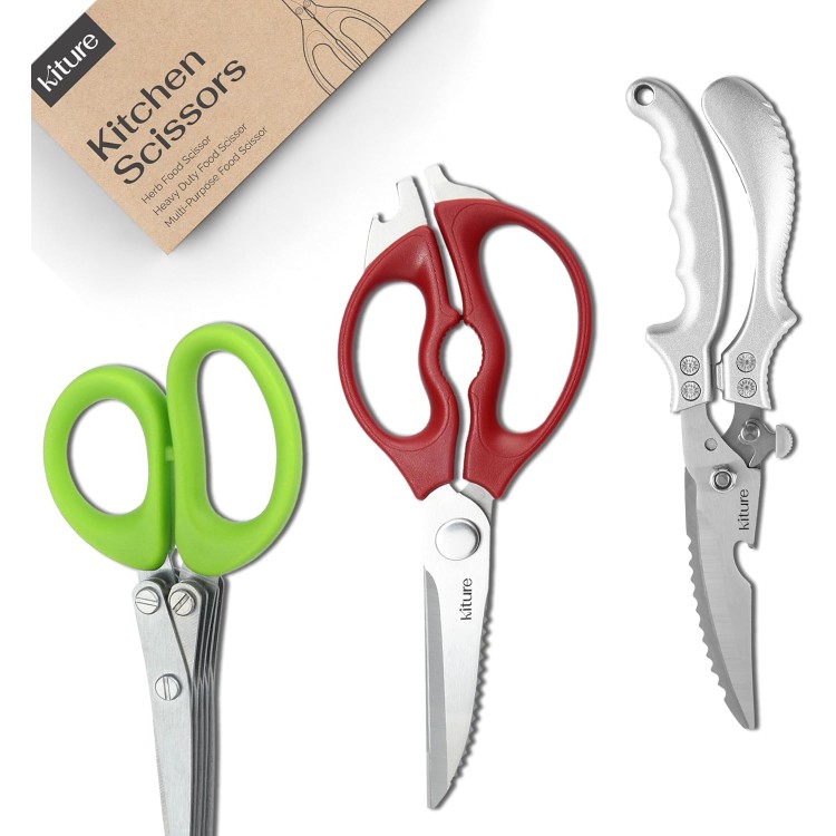 3-Piece Kitchen Scissors Set - Premium Stainless Steel Shears for Herbs, Poultry, and Cooking | Heavy Duty All-Purpose Scissors with Giftable Box - Kitchen Scissors For Food By Kiture