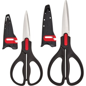 Farberware All Purpose and Utility scissors with Edgekeeper Sharpening Sheaths, Strong and Durable Multi Use Scissors, 2-Piece, Black/Red