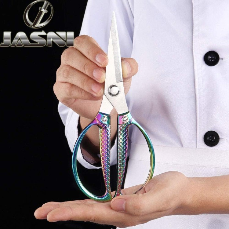 Jasni Fish pattern Powerful kitchen scissors professional Heavy Duty Multi-Purpose pretty Color rainbow Titanium Coating Forged Stainless Steel fish bones Shears Office Home scissors