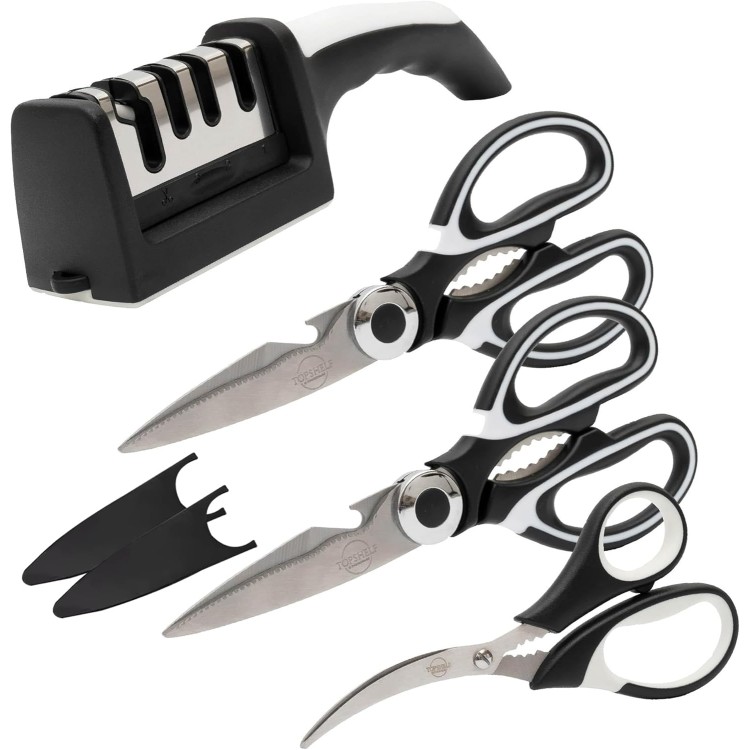 Heavy Duty Kitchen Shears with Knife and Scissor Sharpener Tool - Multipurpose Stainless Steel Kitchen Scissors for Food - Sharp Food-Grade Kitchen Scissor for Meat, Seafood, Poultry - 4 Piece Set