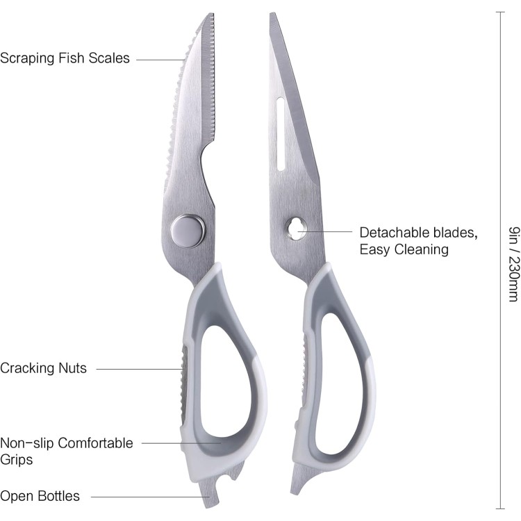 Kitchen Scissors All Purpose for Food, Kitchen Shears Come Apart Dishwasher Safe with Comfort Grip, Ultra Sharp Food Cooking Scissors for Chicken, Meat, Poultry, Fish, Herbs (Grey)