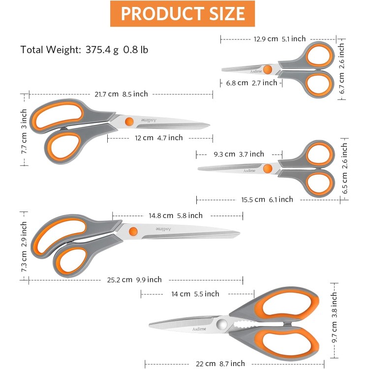 Kitchen Scissors Set, Knife-Grade Stainless Steel, TPR Comfortable Handle All Purpose Scissors, Include One Poultry Shears and Four Different Sizes of Cooking Scissors, Perfect Kitchen Partner