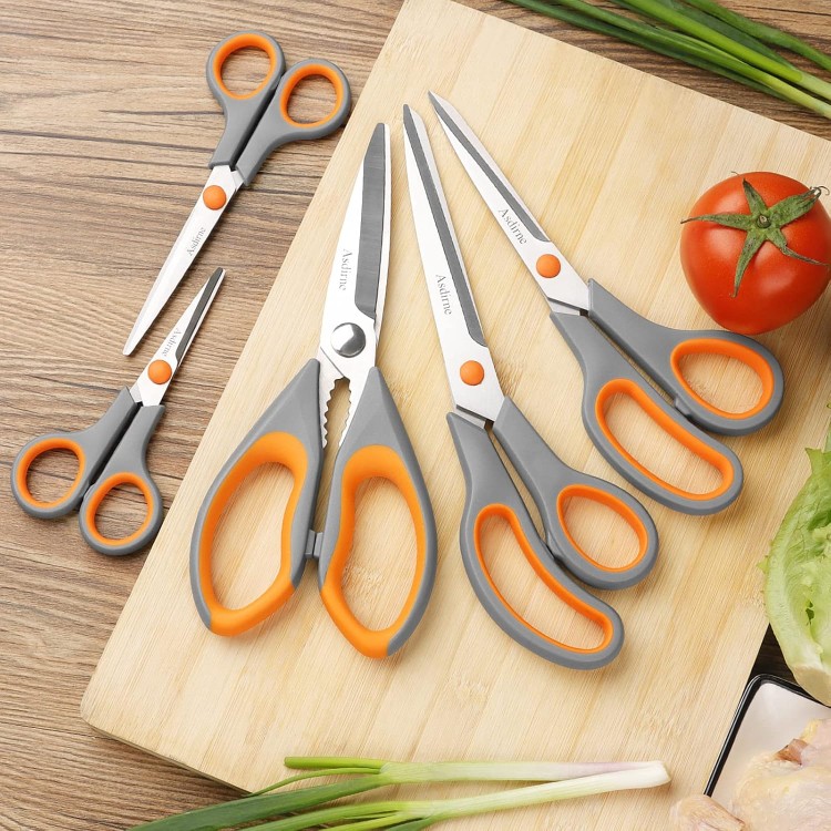 Kitchen Scissors Set, Knife-Grade Stainless Steel, TPR Comfortable Handle All Purpose Scissors, Include One Poultry Shears and Four Different Sizes of Cooking Scissors, Perfect Kitchen Partner