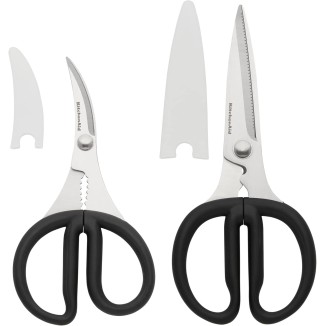 KitchenAid Stainless Steel Set of 2 All Purpose and Seafood Shears Set with Soft Touch Handles and Protective Sheath, Curved Handle to Cut Crustacean Shell, Dishwasher Safe, Black