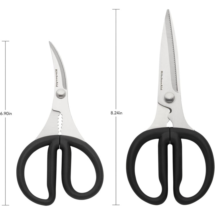 KitchenAid Stainless Steel Set of 2 All Purpose and Seafood Shears Set with Soft Touch Handles and Protective Sheath, Curved Handle to Cut Crustacean Shell, Dishwasher Safe, Black