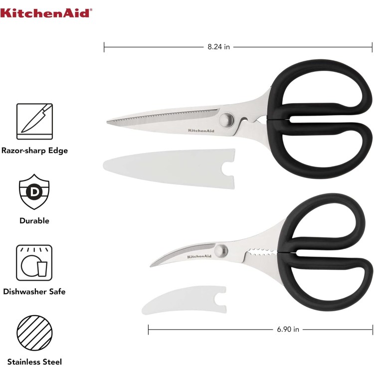 KitchenAid Stainless Steel Set of 2 All Purpose and Seafood Shears Set with Soft Touch Handles and Protective Sheath, Curved Handle to Cut Crustacean Shell, Dishwasher Safe, Black