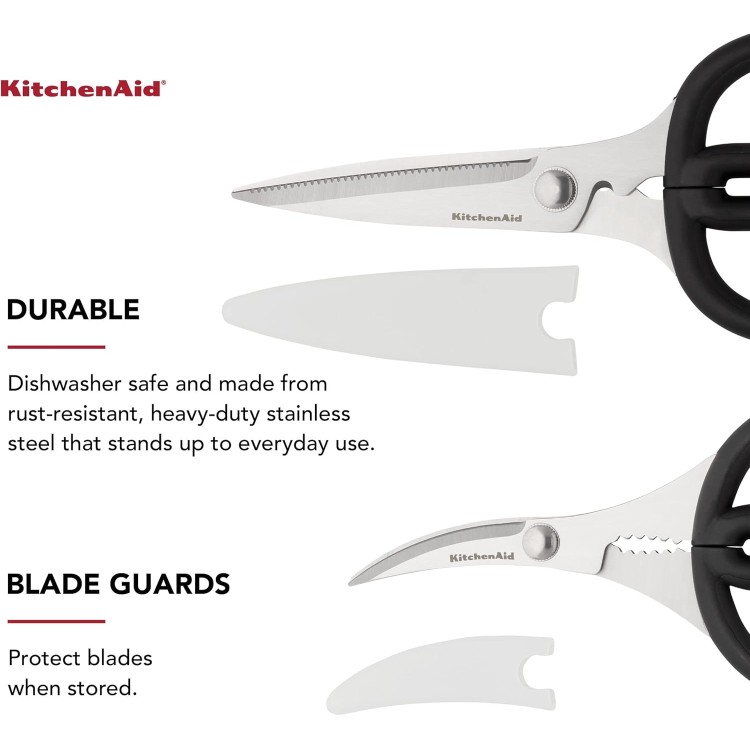 KitchenAid Stainless Steel Set of 2 All Purpose and Seafood Shears Set with Soft Touch Handles and Protective Sheath, Curved Handle to Cut Crustacean Shell, Dishwasher Safe, Black