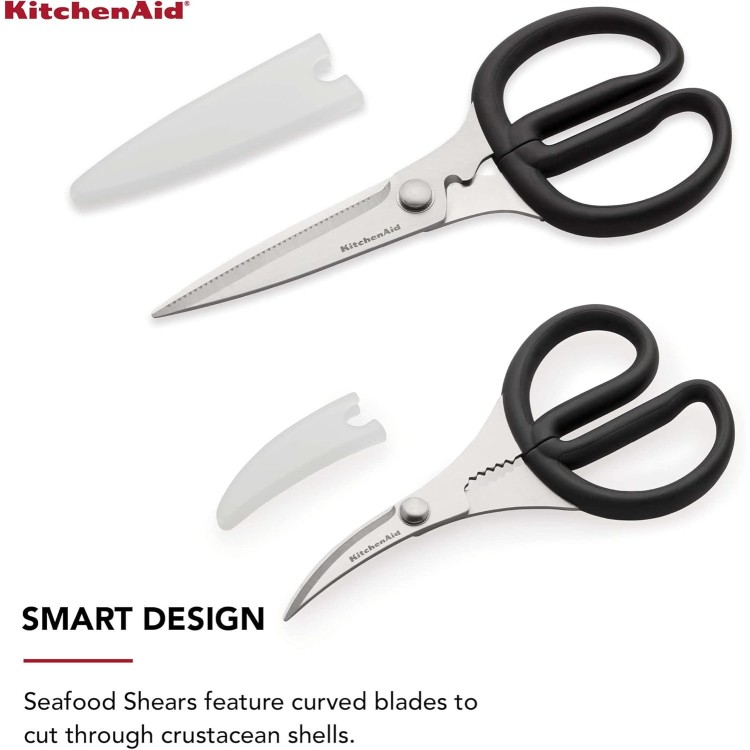 KitchenAid Stainless Steel Set of 2 All Purpose and Seafood Shears Set with Soft Touch Handles and Protective Sheath, Curved Handle to Cut Crustacean Shell, Dishwasher Safe, Black