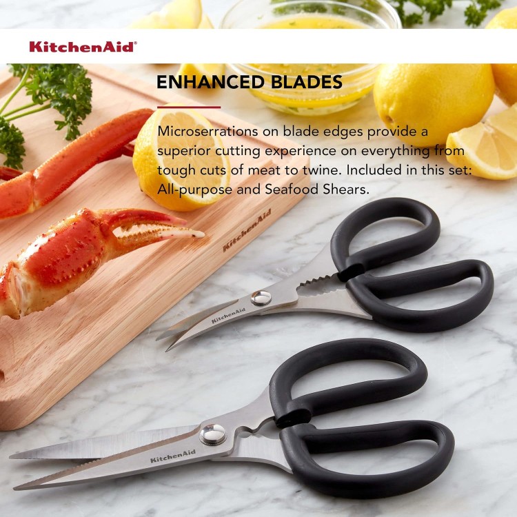 KitchenAid Stainless Steel Set of 2 All Purpose and Seafood Shears Set with Soft Touch Handles and Protective Sheath, Curved Handle to Cut Crustacean Shell, Dishwasher Safe, Black