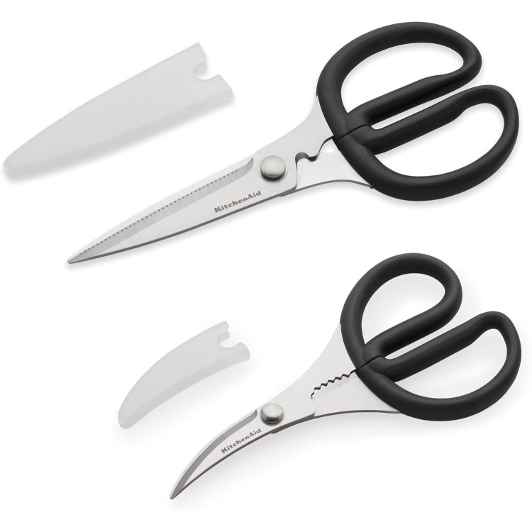 KitchenAid Stainless Steel Set of 2 All Purpose and Seafood Shears Set with Soft Touch Handles and Protective Sheath, Curved Handle to Cut Crustacean Shell, Dishwasher Safe, Black