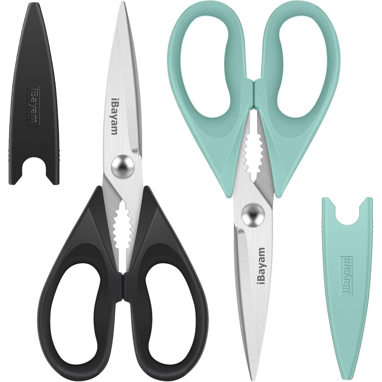 Kitchen Shears, iBayam Kitchen Scissors All Purpose Heavy Duty Meat Scissors Poultry Shears, Dishwasher Safe Food Cooking Scissors Stainless Steel Utility Scissors, 2-Pack, Black, Aqua Sky