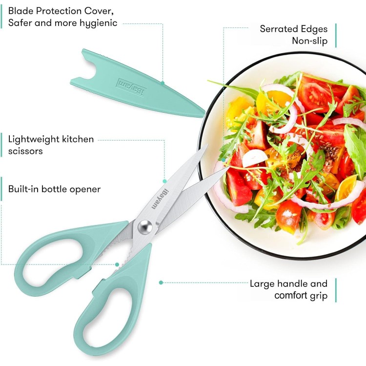 Kitchen Shears, iBayam Kitchen Scissors All Purpose Heavy Duty Meat Scissors Poultry Shears, Dishwasher Safe Food Cooking Scissors Stainless Steel Utility Scissors, 2-Pack, Black, Aqua Sky