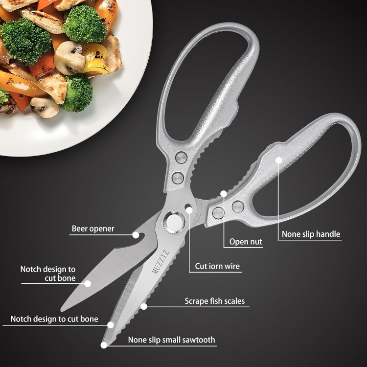 Kitchen Scissors, All Purpose Heavy Duty Kitchen Shears for Food,Metal Handle Stainless Steel Cooking Scissors for Chicken,Poultry,Meat,Herbs,Fish,Bone,Bread,Dishwasher safe,8.3 Inch silver