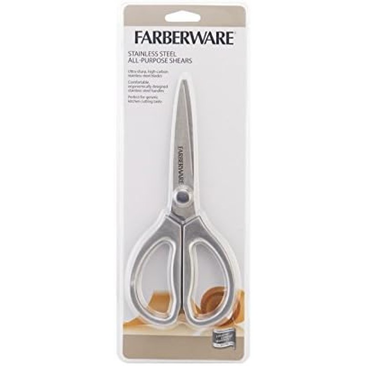 Farberware All Purpose High Carbon Stainless Steel Shears with Contoured Handles, 8.2 x 3.5 x 0.5 inches, Silver