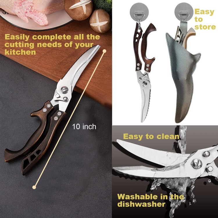 Kitchen Scissors,Kitchen Shears Heavy Duty Dishwasher Safe,ANDONG Poultry Shears Heavy Duty Professional,Sharp Kitchen Scissors,kitchen Shears Stainless Steel Spring Loaded with Black Leather Sheath