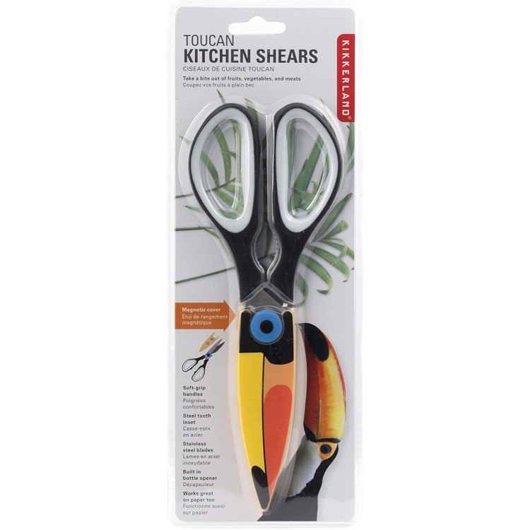 Kikkerland Multi-Purpose Ergonomic Toucan Kitchen Shears Scissors, Black/Orange, Cutting Herbs, Meat Trimming, Kitchen Tool