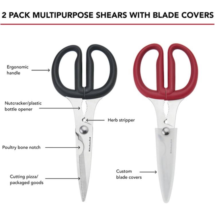 KitchenAid Multipurpose Shear Set, Versatile Scissors with Nutcracker, Bottle Opener, Ergonomic Handles with Protective Blade Covers, 2 Piece