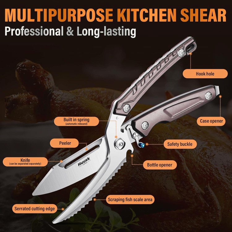 Huusk Heavy Duty Poultry Scissors - Kitchen Scissors for Food with Serrated Edge, Detachable Sharp Shears for Cutting Meat, Chicken Bone and Turkey, Scissors All Purpose for Thanksgiving (Brown)