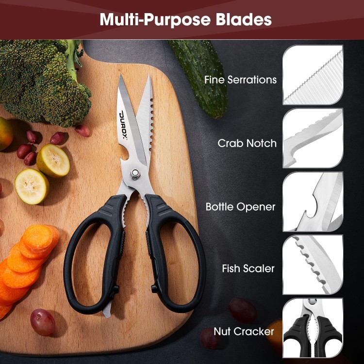 DUROX Kitchen Scissors – Come-Apart Multipurpose Kitchen Shears with Scissors Sharpener on Cap, Detachable Stainless Steel Utility Cooking Scissors for food, herbs, meat, seafood,vegetables.