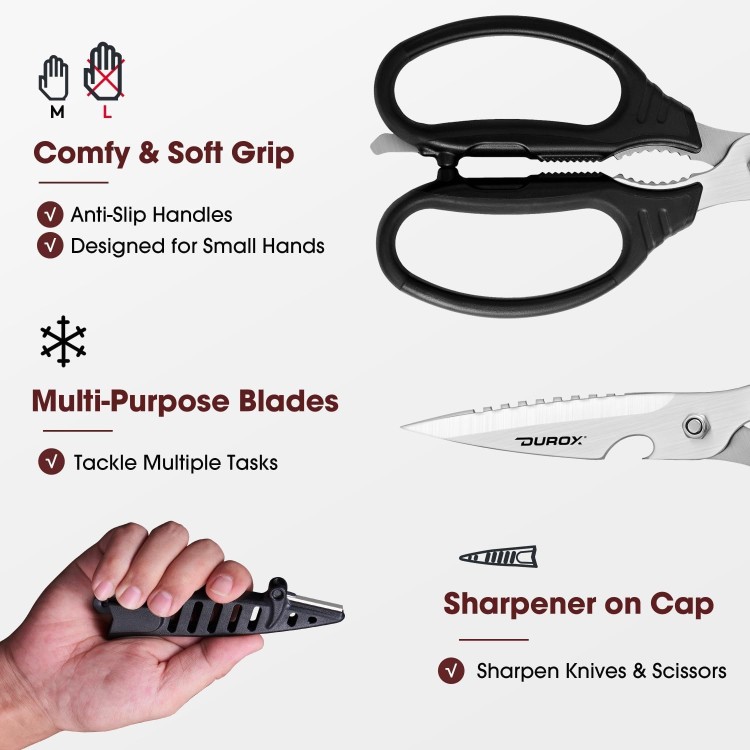 DUROX Kitchen Scissors – Come-Apart Multipurpose Kitchen Shears with Scissors Sharpener on Cap, Detachable Stainless Steel Utility Cooking Scissors for food, herbs, meat, seafood,vegetables.