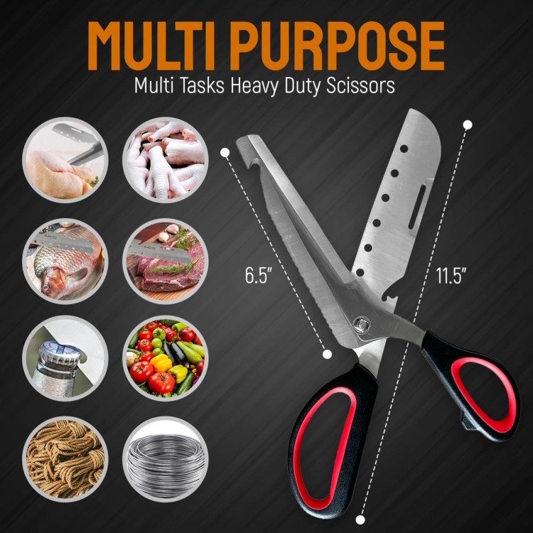 Multi-Purpose Kitchen Scissors with built-in knife sharpener - Camping Essentials for All-Purpose Cutting | Heavy Duty Stainless Steel Blades - Perfect for Camping, Cooking and more, SJ180