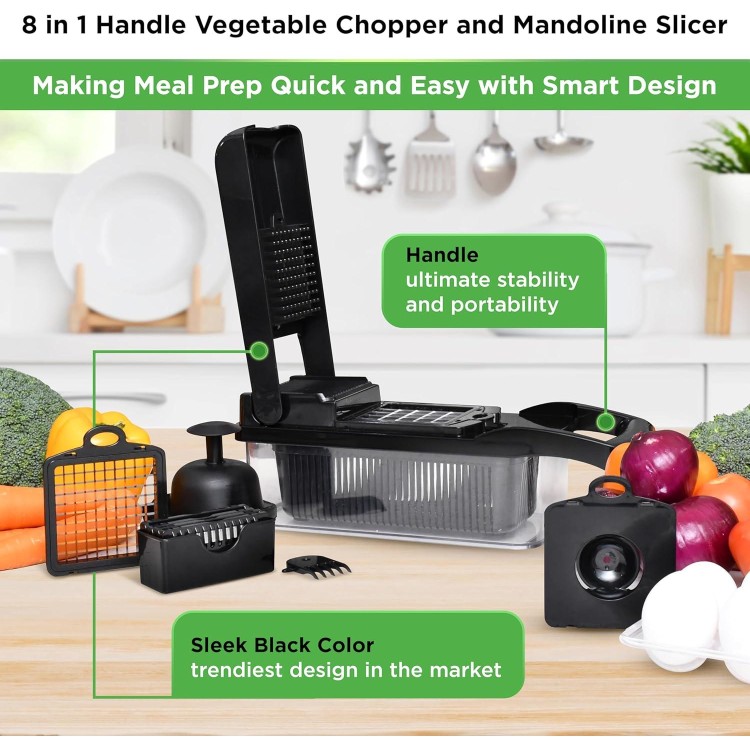 PrepNaturals 8 in 1 Vegetable Chopper With Container, Mandoline Slicer For Kitchen, Cucumber Slicer, Veggie Chopper Vegetable Cutter, Food Chopper, Salad Chopper, Onion Vegetable Slicer (Black)