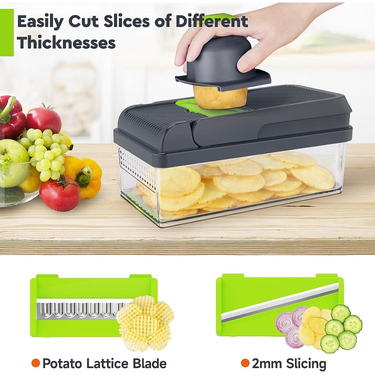 12-in-1 Vegetable Chopper, 7 Blade Veggie Chopper, Practical Food Chopper with Container, Cheese Grater, Home Essentials & Kitchen Gadgets(Green/Grey)