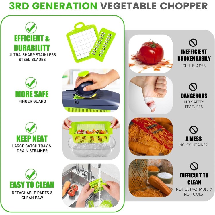 Vegetable Chopper, Pavsrmy Multifunctional 12-IN-1 Kitchen Veggie Chopper Food Chopper with 8 Blades, Pro Onion Chopper Vegetable Cutter Slicer Dicer with Container for Patato, Salad, Tomato, Carrot