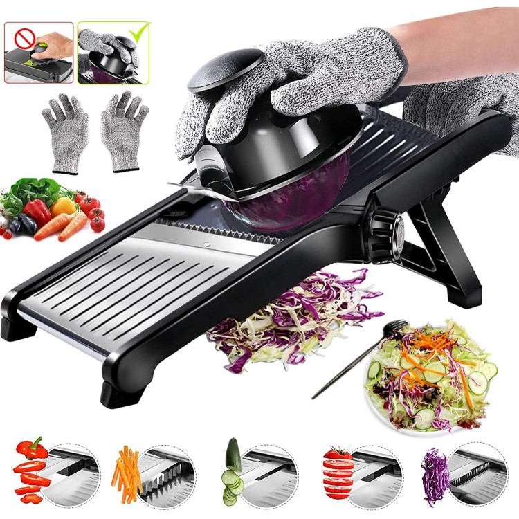 Mandoline Slicer for Kitchen, Adjustable Stainless Steel Food Vegetable Potato Onion Slicer French Fry Cutter, Slicer Julienne with Cut-Resistant Gloves