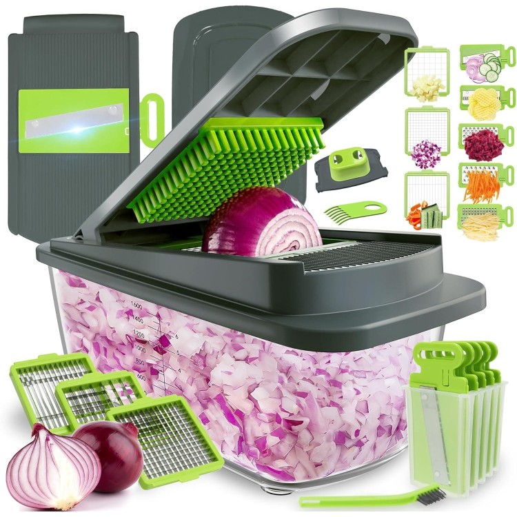 Kitexpert Vegetable Chopper,Onion Mincer,Dicer,Slicer with 8 Blades and Container with Lid,15-in-1 Multifunctional Vegetable Chopper,Home Essentials & Kitchen Gadgets, Salad Chopper.