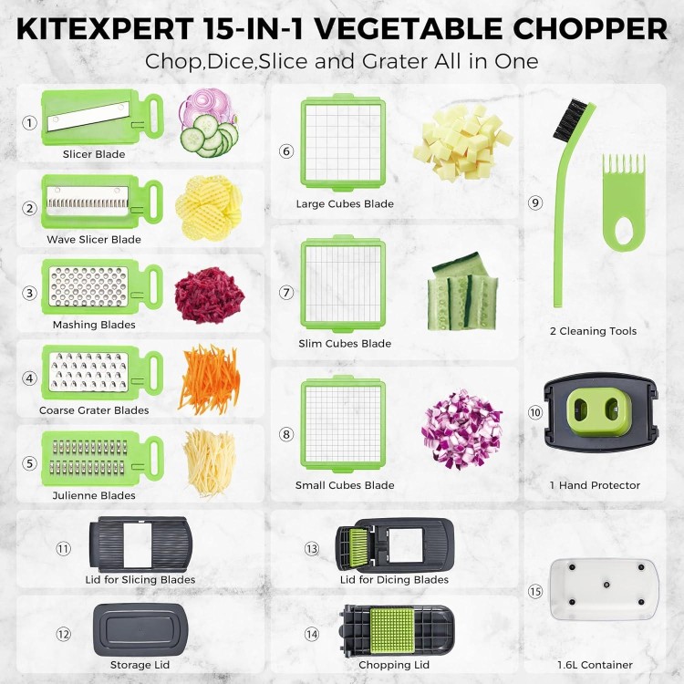 Kitexpert Vegetable Chopper,Onion Mincer,Dicer,Slicer with 8 Blades and Container with Lid,15-in-1 Multifunctional Vegetable Chopper,Home Essentials & Kitchen Gadgets, Salad Chopper.