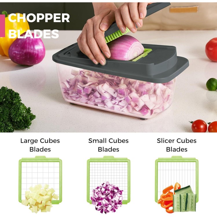 Kitexpert Vegetable Chopper,Onion Mincer,Dicer,Slicer with 8 Blades and Container with Lid,15-in-1 Multifunctional Vegetable Chopper,Home Essentials & Kitchen Gadgets, Salad Chopper.